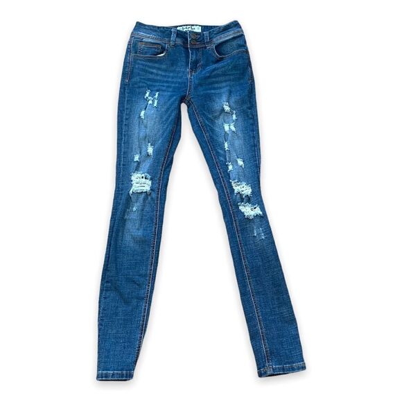 Indigo Rein Jeans Medium Wash Distressed Skinny Midrise Double Button - Picture 1 of 9